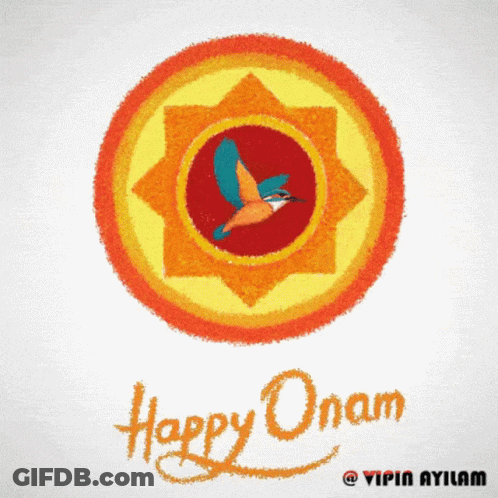 A Poster That Says Happy Onam With A Hummingbird In The Center GIF