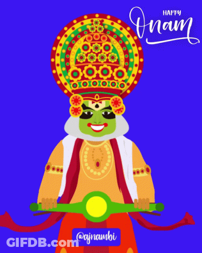 A Poster That Says Happy Onam With A Man Riding A Scooter GIF
