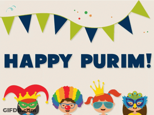 A Poster That Says Happy Purim With A Bunch Of People In Masks GIF
