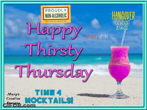 A Poster That Says Happy Thirsty Thursday With A Pink Drink On The Beach GIF