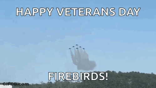 A Poster That Says Happy Veterans Day Firebirds With Jets In The Sky GIF