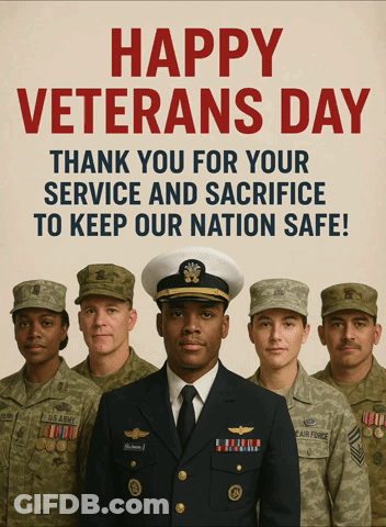 A Poster That Says Happy Veterans Day With A Group Of Soldiers GIF