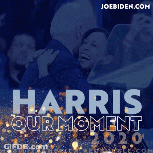 A Poster That Says Harris Our Moment With A Picture Of A Man And Woman Hugging GIF