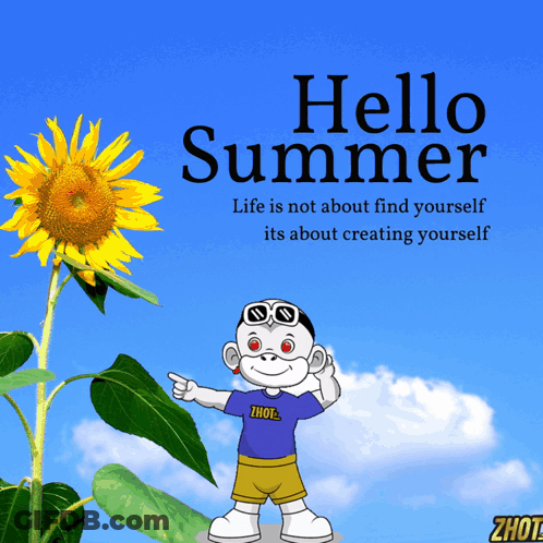 A Poster That Says Hello Summer With A Sunflower And A Monkey GIF