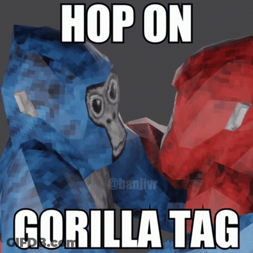 A Poster That Says Hop On Gorilla Tag With A Blue Gorilla And A Red Gorilla GIF