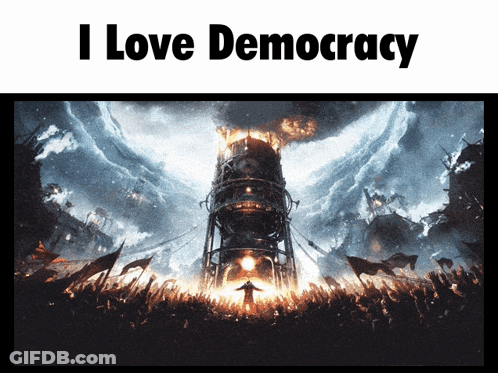 A Poster That Says I Love Democracy With A Picture Of A Man GIF