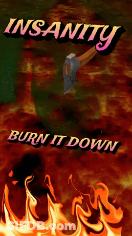 A Poster That Says Insanity Burn It Down With A Picture Of A Man GIF