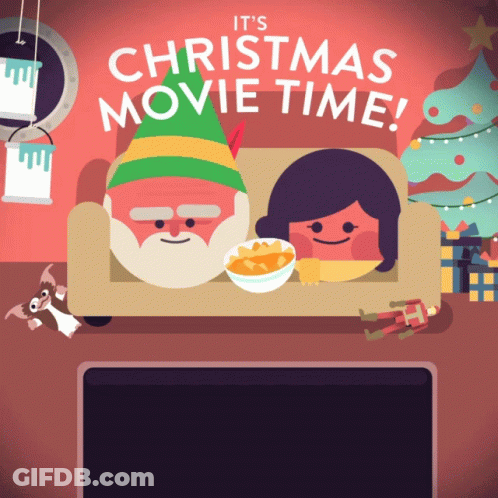 A Poster That Says It 'S Christmas Movie Time Shows A Man And A Woman Sitting On A Couch GIF