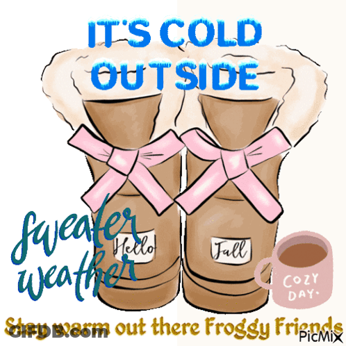 A Poster That Says It 'S Cold Outside With A Pair Of Boots And A Cup Of Coffee GIF