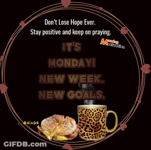 A Poster That Says It 'S Monday And Has A Picture Of A Sandwich And A Cup Of Coffee GIF