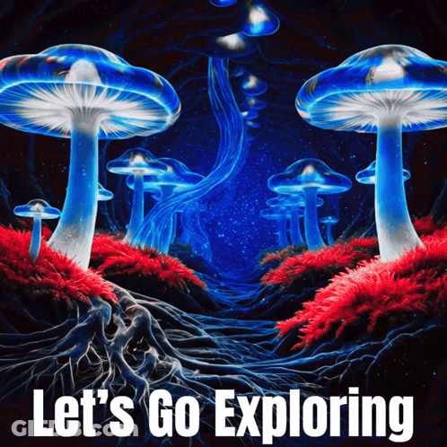 A Poster That Says Let 'S Go Exploring With Mushrooms GIF
