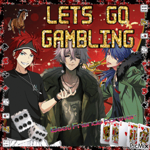 A Poster That Says Let 'S Go Gambling With Three Anime Characters GIF