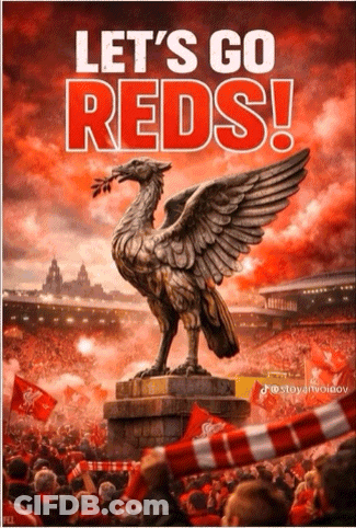A Poster That Says Let 'S Go Reds With A Statue GIF