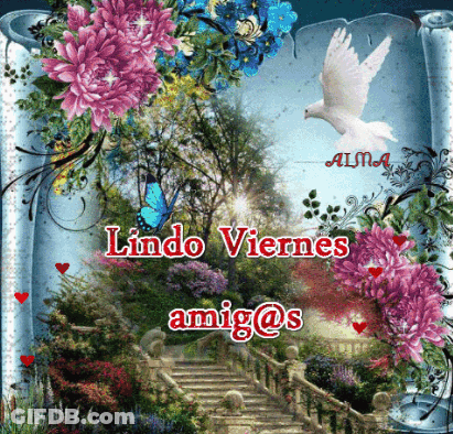 A Poster That Says Lindo Viernes Amigo @ S With Flowers And A Bird GIF