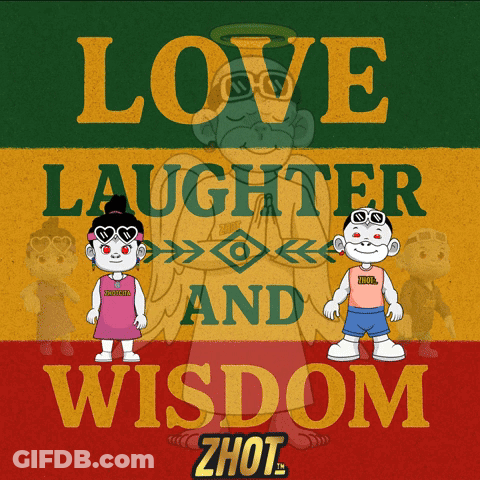 A Poster That Says Love Laughter And Wisdom With Cartoon Characters GIF