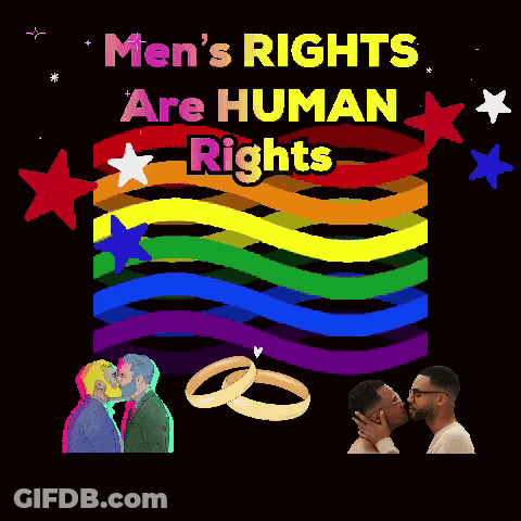 A Poster That Says Men 'S Rights Are Human Rights With Two Men Kissing GIF