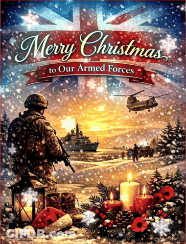 A Poster That Says Merry Christmas To Our Armed Forces On It GIF