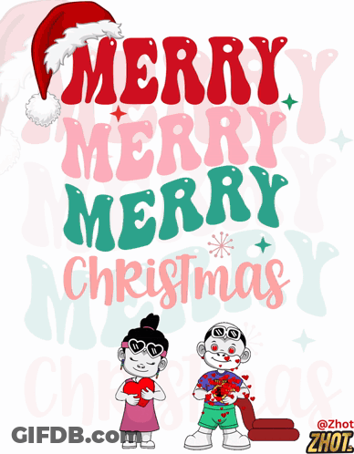 A Poster That Says Merry Merry Christmas With A Santa Hat On GIF