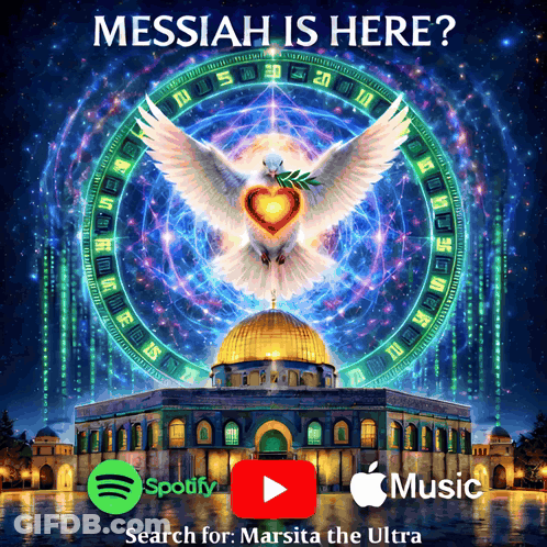 A Poster That Says Messiah Is Here With Spotify And Apple Music GIF