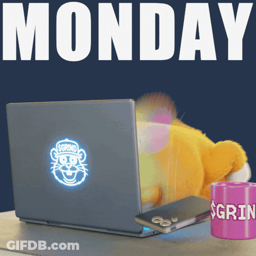A Poster That Says Monday With A Laptop And A Cup GIF