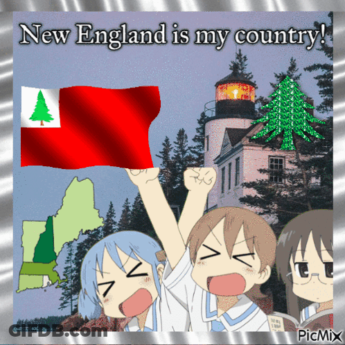 A Poster That Says New England Is My Country With Three Girls Holding Up A Flag GIF