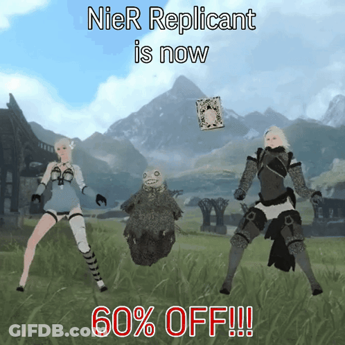 A Poster That Says Nier Replicant Is Now 60 % Off !!! GIF