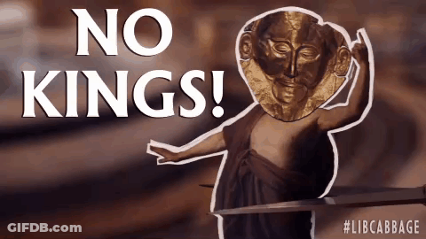 A Poster That Says No Kings With A Statue In The Background GIF