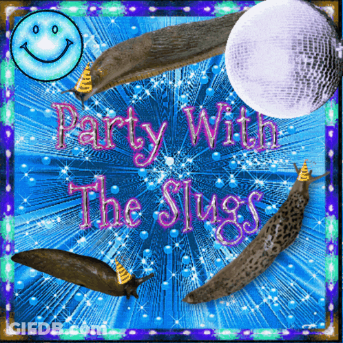 A Poster That Says Party With The Slugs With Slugs And A Disco Ball GIF