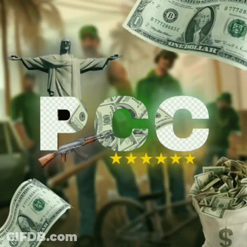 A Poster That Says Pcc With A Gun And A Bag Of Money GIF