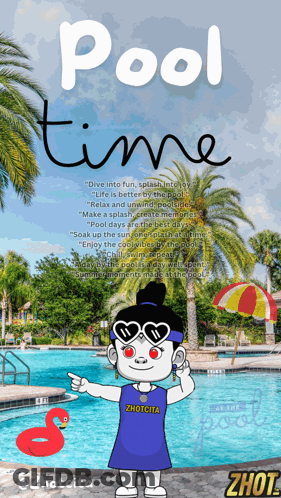 A Poster That Says Pool Time With A Cartoon Girl GIF