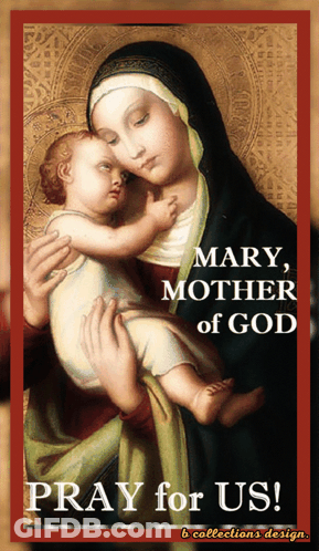 A Poster That Says Pray For Us With A Picture Of Mary Holding A Baby GIF