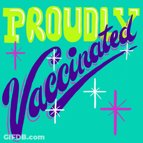 A Poster That Says " Proudly Vaccinated " On A Blue Background GIF