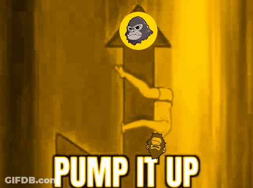 A Poster That Says Pump It Up With A Gorilla And A Bearded Man GIF