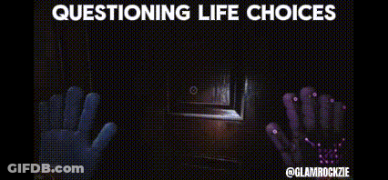 A Poster That Says Questioning Life Choices Is Displayed On A Black Background GIF