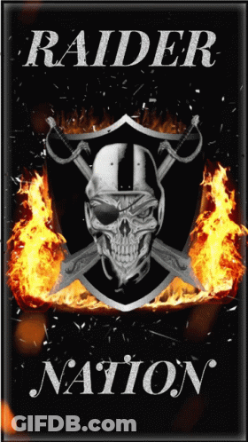 A Poster That Says Raider Nation With A Skull And Crossed Swords On It GIF