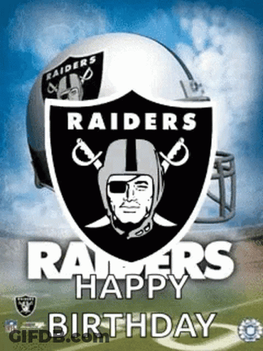 A Poster That Says Raiders Happy Birthday With A Football Helmet GIF