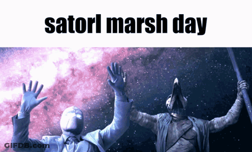 A Poster That Says Satori Marsh Day With A Purple Background GIF
