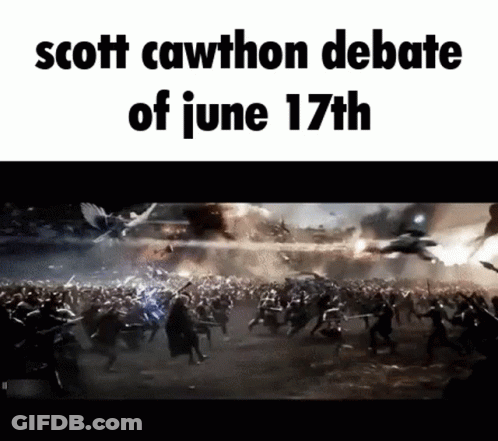 A Poster That Says Scott Cawthon Debate Of June 17Th In Black Letters GIF