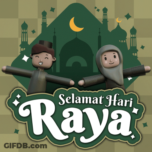 A Poster That Says Selamat Hari Raya With A Boy And A Girl GIF