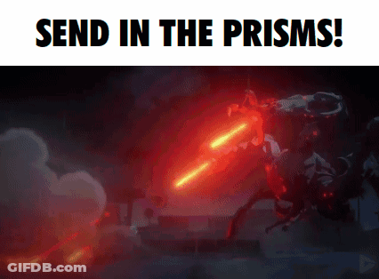 A Poster That Says Send In The Prisms With A Red Light Coming Out Of It GIF