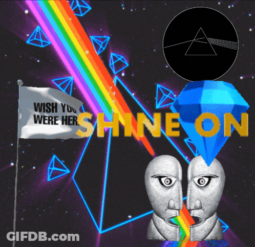 A Poster That Says Shine On With Two Faces And A Rainbow GIF