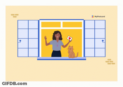 A Poster That Says " Stay Safe - Stay Home " With A Woman Holding An Envelope And A Cat GIF