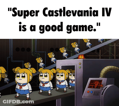 A Poster That Says " Super Castlevania Iv Is A Good Game " With Cartoon Characters On A Conveyor Belt GIF