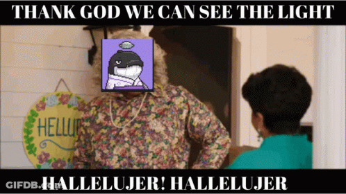 A Poster That Says ' Thank God We Can See The Light Hallelujer Hallelujer ' GIF