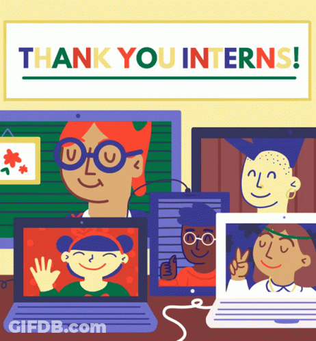 A Poster That Says Thank You Interns With A Group Of People On A Video Call GIF