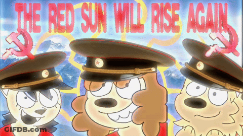 A Poster That Says The Red Sun Will Rise Again With Three Cartoon Characters GIF