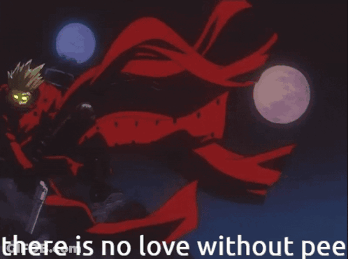 A Poster That Says There Is No Love Without Pee With A Man In A Red Cape GIF