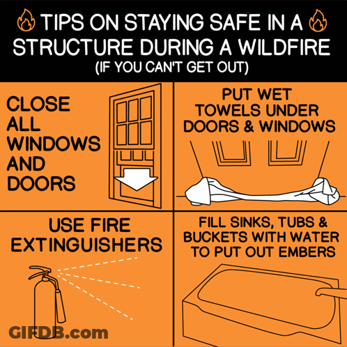 A Poster That Says " Tips On Staying Safe In A Structure During A Wildfire " GIF