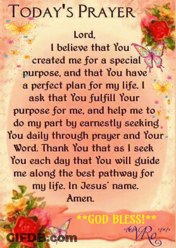A Poster That Says Today 'S Prayer With Flowers And Butterflies On It GIF