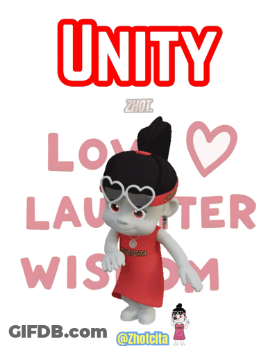 A Poster That Says Unity Love Laughter Wisdom With A Cartoon Girl GIF